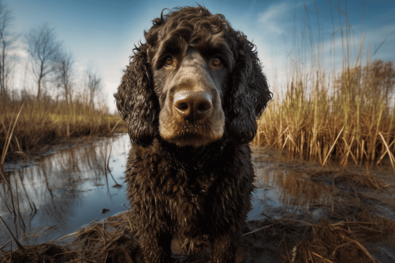 Cocker spaniel dog exploring a muddy wetland with tall grasses and a blue sky.