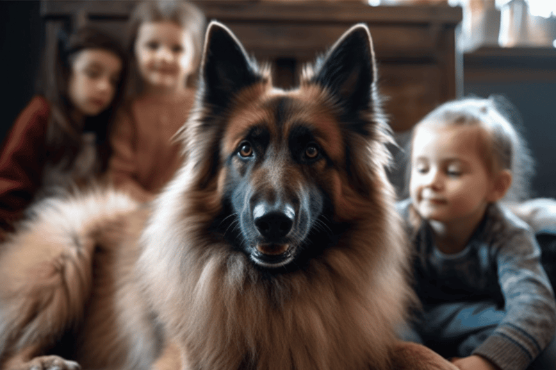 Adorable German Shepherd with children in cozy home setting.