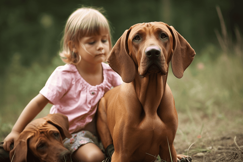 Adorable girl with two playful dogs in a lush outdoor setting, highlighting pet and child companionship.