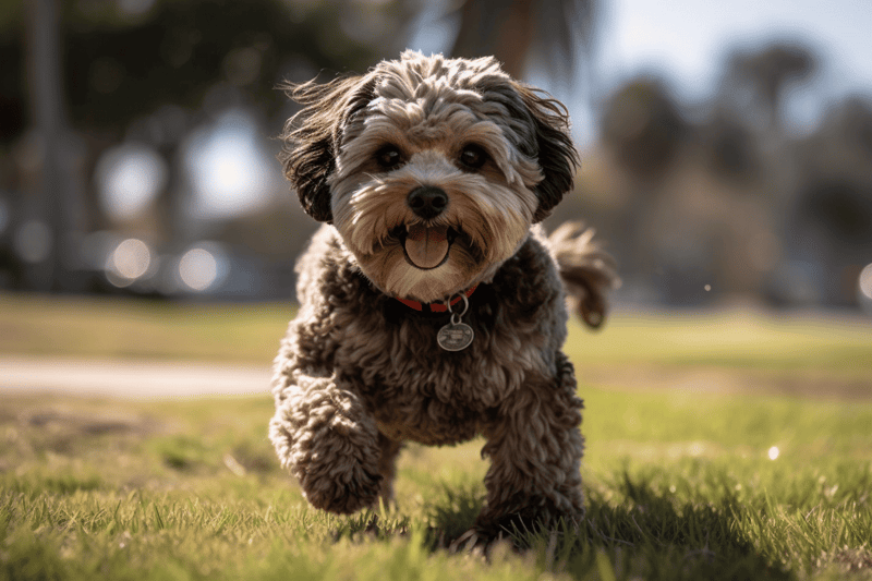 Adorable small dog joyfully running in the park, showcasing happiness and energy.