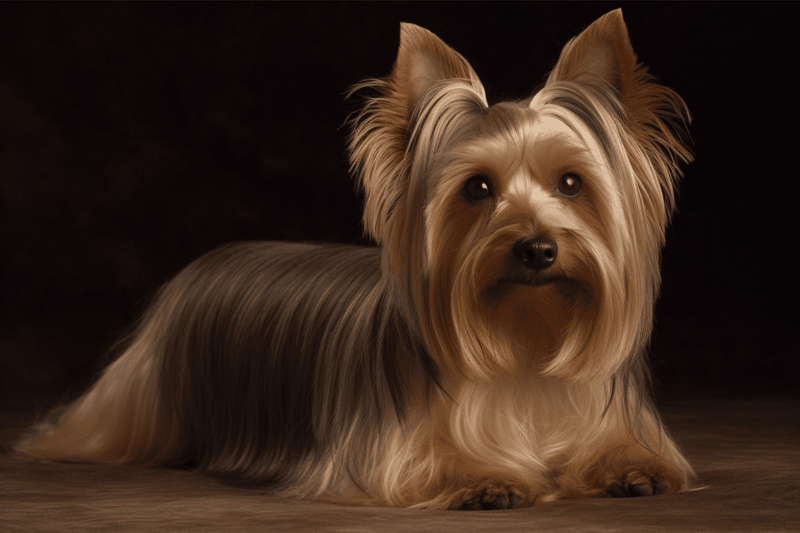 Adorable Yorkie dog with silky, long fur resting on a wooden surface against a dark background.