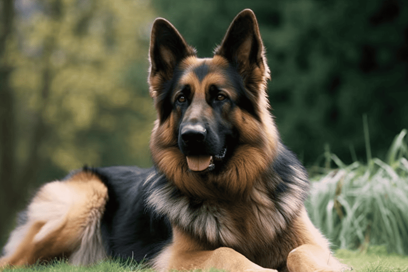 High-quality image of a German Shepherd dog lying on grass in a park or forest.