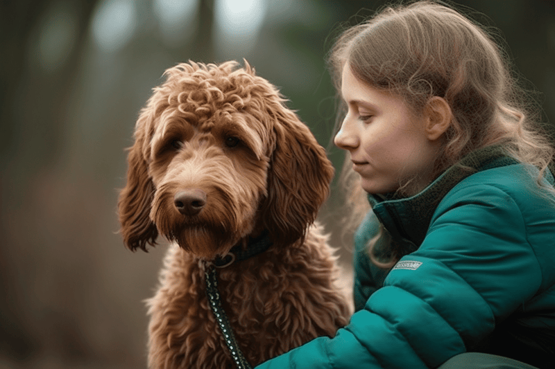 Happy woman with her affectionate dog on a walk in nature, showcasing pet love and outdoor activities.