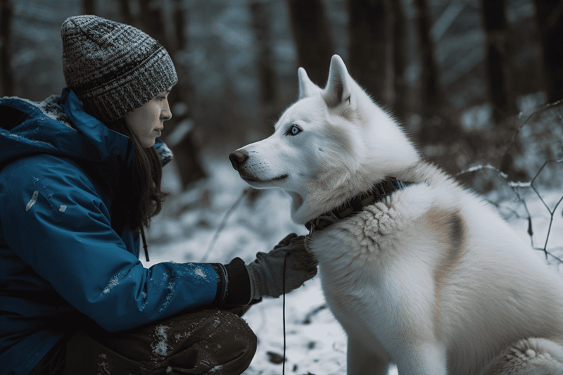 Husky dog and owner in winter forest.
