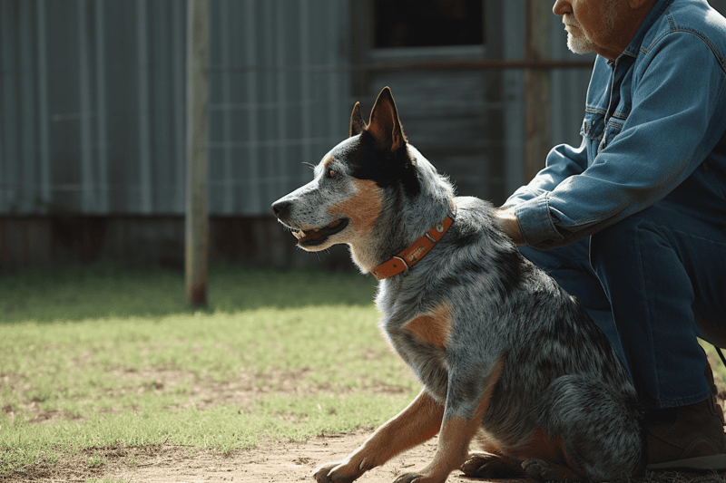 Friendly dog with owner outdoors, positive interactions, rescue dog, outdoor pet care, canine companionship, animal rescue, pet therapy.