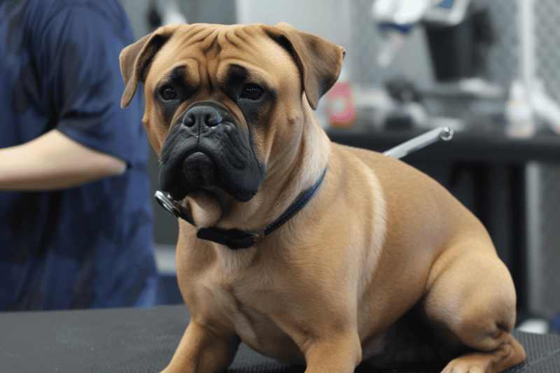 Adorable bulldog getting grooming at a pet care facility for healthy, shiny coat.