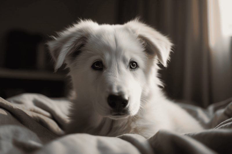 Dog rescue dog, adorable dog lying on bed, cute puppy, pet care, animal shelter, dog adoption, shelter dog photo.