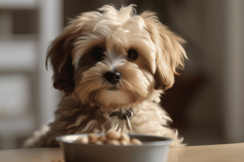 Adorable dog puppy eating food, perfect for pet care and dog feeding tips.