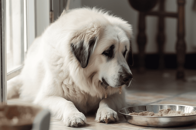 Doggie eating from stainless steel food dish, enjoying meal indoors.