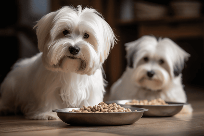 Cute small dogs with food bowls of dry dog food.
