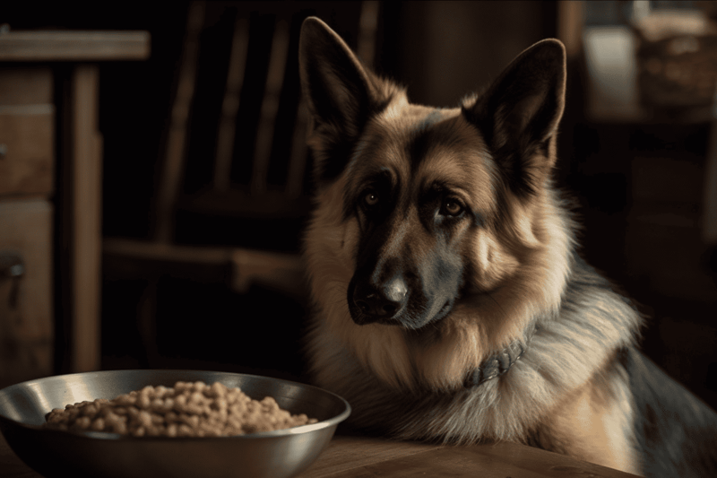 Adorable German Shepherd with food bowl, indoor home setting, beautiful and caring dog.