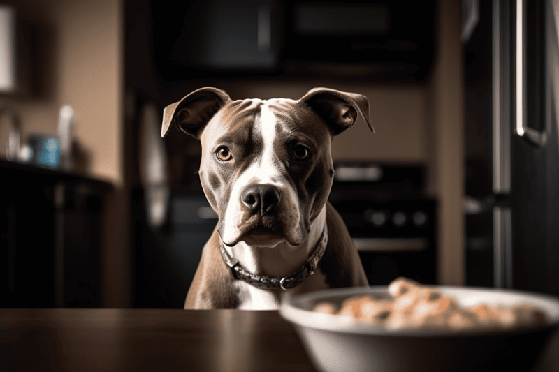 Adorable dog waiting for dog food or treat at home.