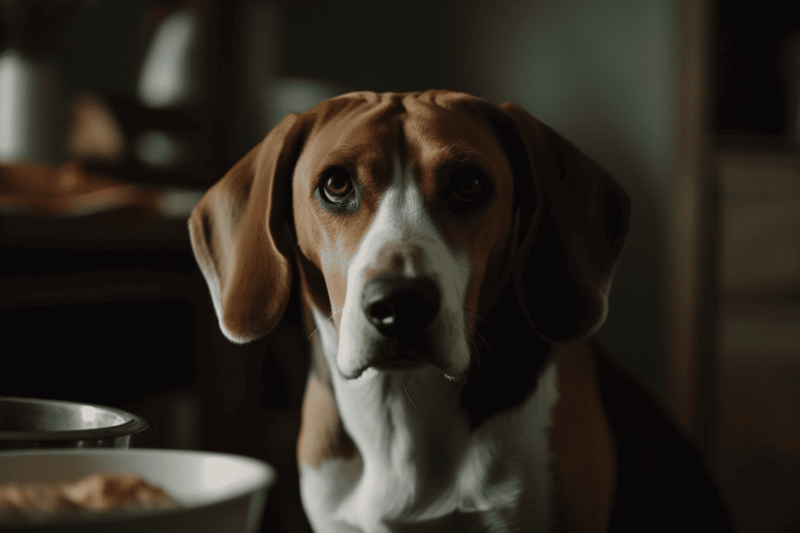 Cute beagle dog patiently waiting for food indoors.