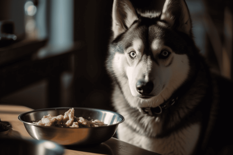Husky dog with piercing blue eyes waiting for food at home.