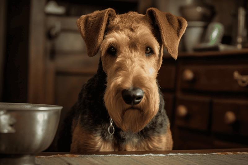 Dog with attentive expression, sitting indoors.