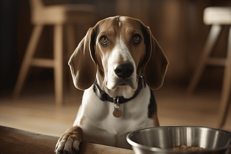 Adorable dog waiting for food, sitting by stainless steel bowl inside cozy home.