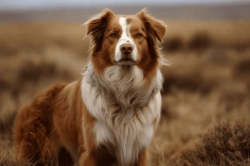 A beautiful Australian Shepherd dog standing outdoors in a natural landscape.