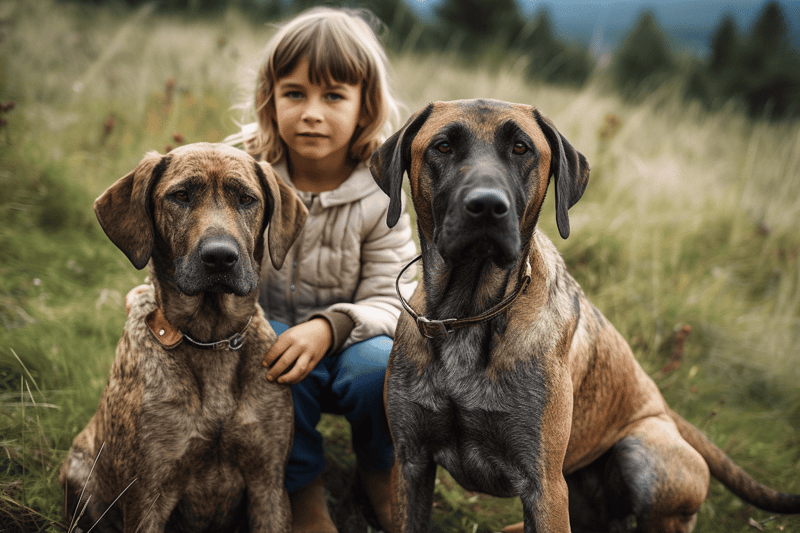 Adorable girl with two Mastiff dogs enjoying outdoor nature walk.