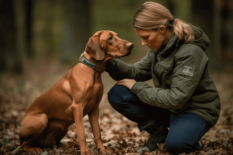 Dog and woman sharing a close moment in a forest setting.