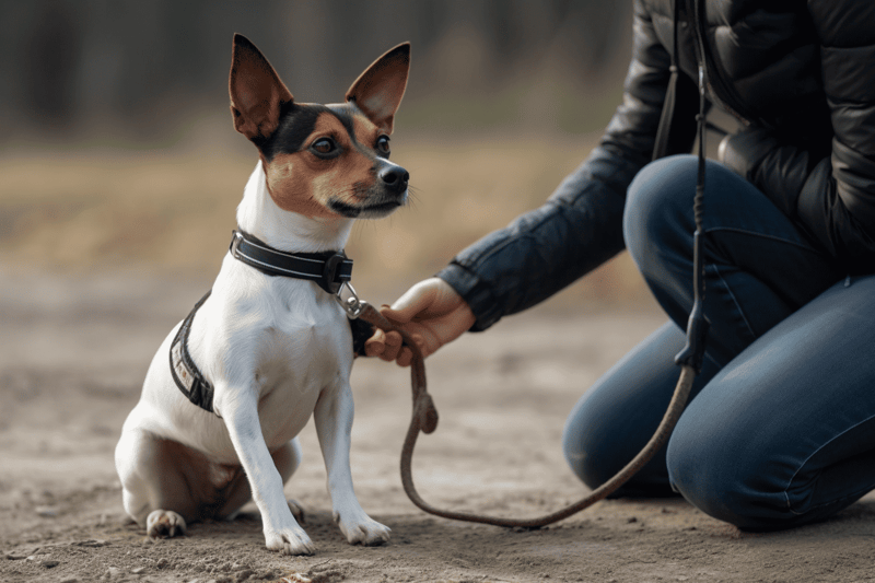 Adorable Jack Russell puppy with a harness and leash, learning and waiting patiently outdoors.