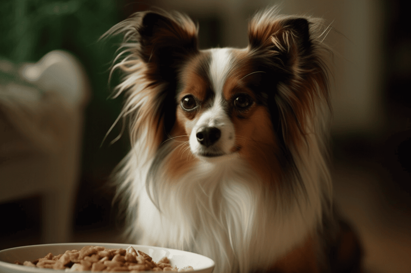 Friendly Australian Shepherd with food bowl, happy and playful dog ready for a meal.