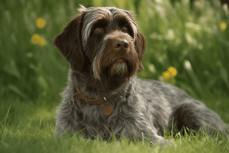 Dog lifeguard, healthy German Wirehaired Pointer relaxing outdoors on green grass, alert and attentive.