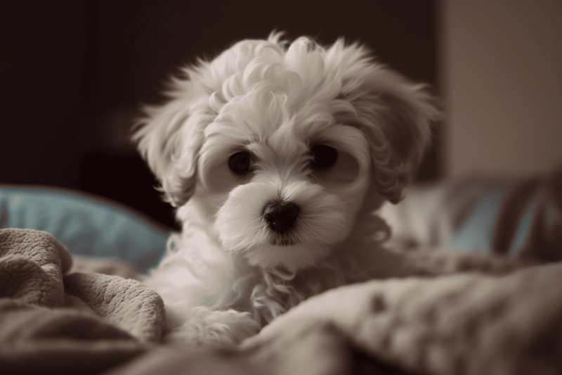 Adorable fluffy puppy with big dark eyes, soft white fur, and a curious expression. Perfect for pet care and dog training content.
