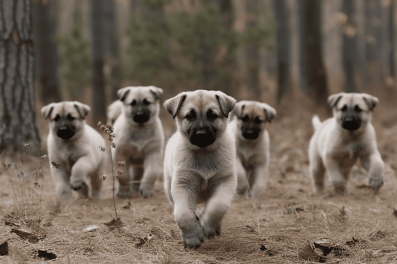 Adorable puppies sprinting through a forest, showcasing playful energy.