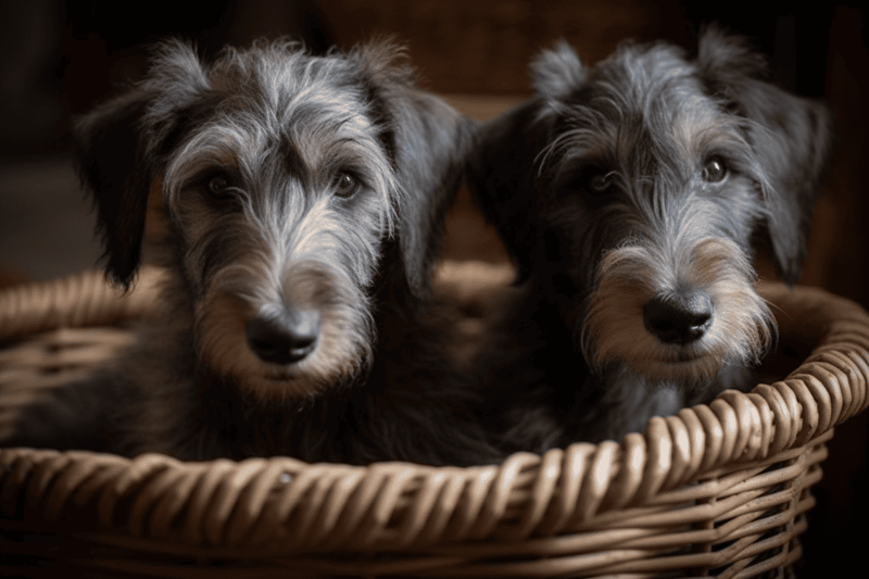 Adorable mixed breed puppies relaxing in a cozy wicker basket. Perfect for dog lovers and pet care enthusiasts.