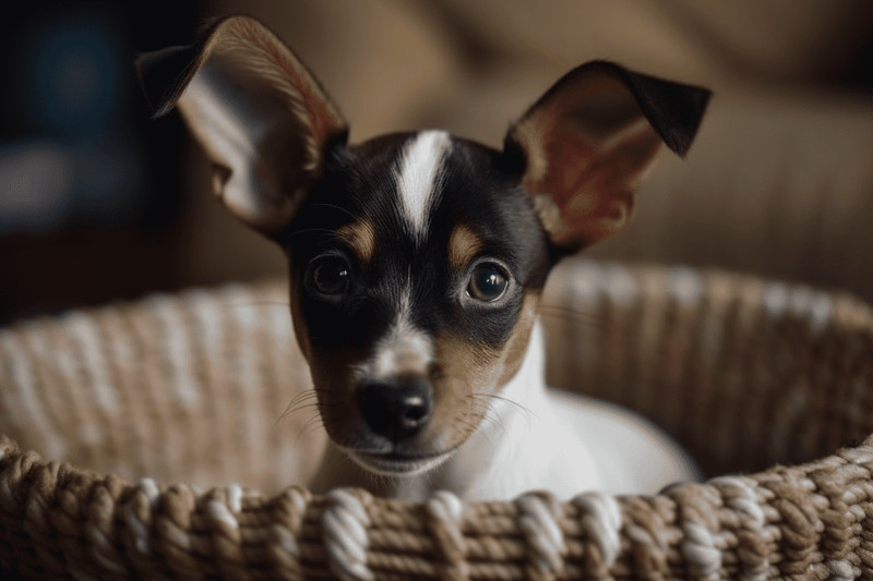 Adorable small puppy with big eyes sitting in a cozy woven basket. Perfect for dog adoption and pet care insights.