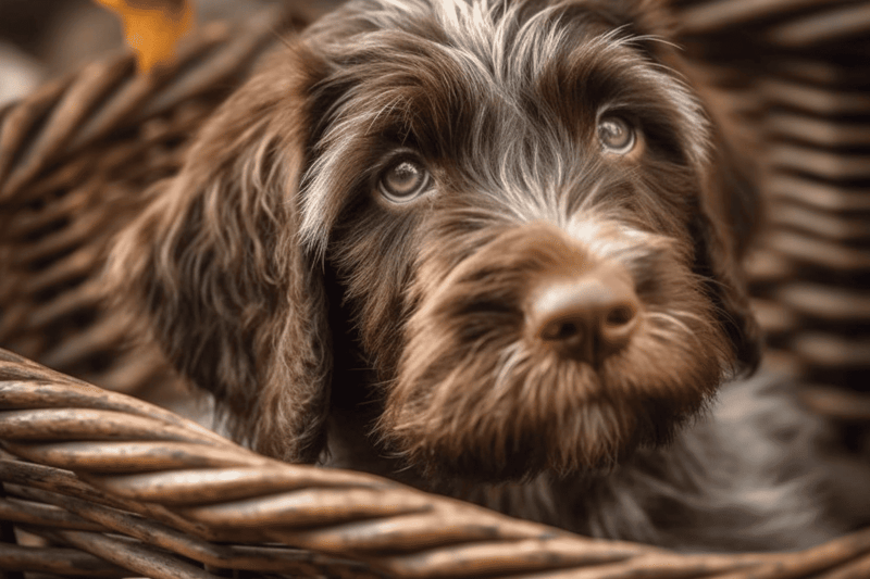 Adorable brown and white puppy resting in a woven wicker basket.