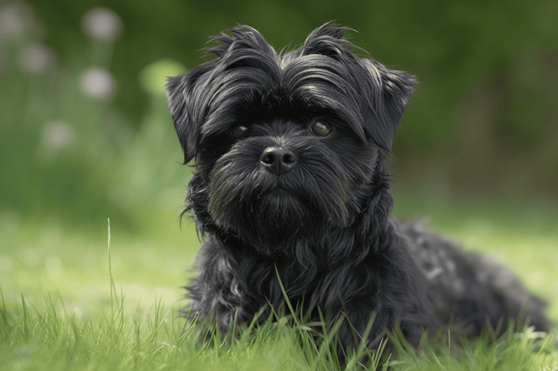 Adorable black terrier dog lying on grass with blurred green background, showcasing playful and loyal pet companionship.