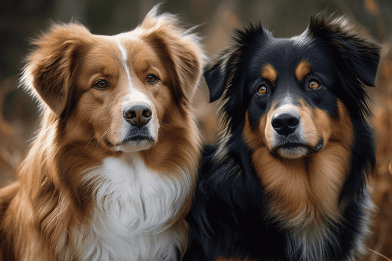 Adorable Australian Shepherd and Bernese Mountain Dog looking as a couple in fall background. Perfect for dog lovers and pet care.