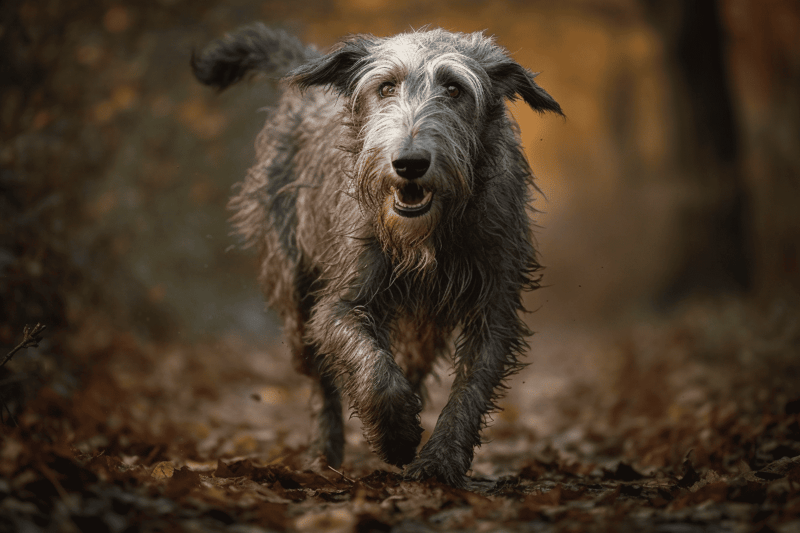 Dog running on trail in autumn leaves, dog fitness, playful dog, outdoor dog activity, pet exercise.