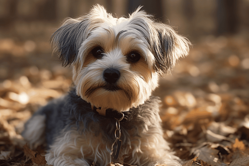 Cute small dog with fluffy coat on fall ground, ideal for pet grooming and adoption articles.