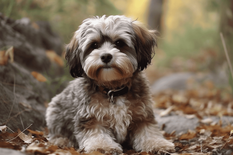 Adorable fluffy dog sitting outdoors on autumn leaves, enjoying a walk in the woods. Perfect for pet and dog lovers.