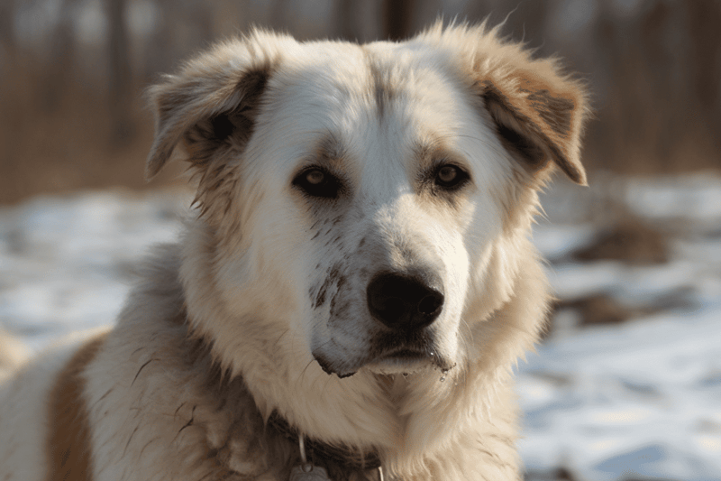 Dog facing front with snow background, highlighting the breed’s beauty and alertness.