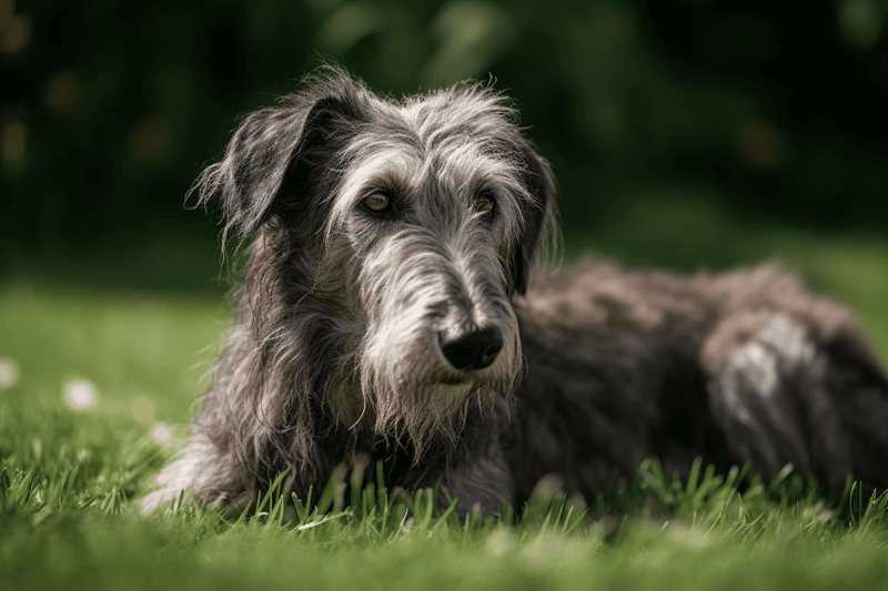 Dog lying on lush green grass in outdoor park scene.
