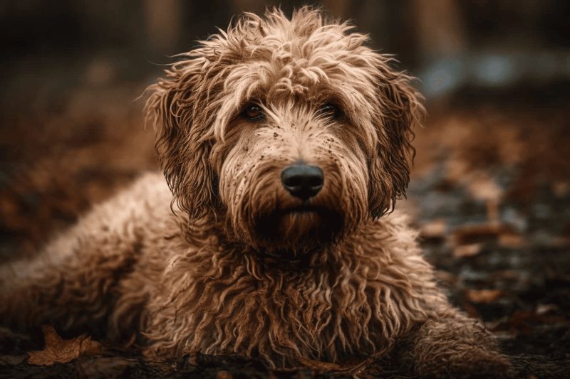 Close-up of a Labradoodle, a friendly and playful dog breed, relaxing on the ground in a natural setting.