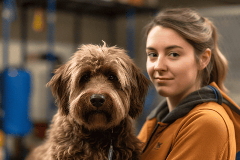 Alt text: Young woman with a brown Labradoodle puppy, training session in progress, indoor dog training facility.