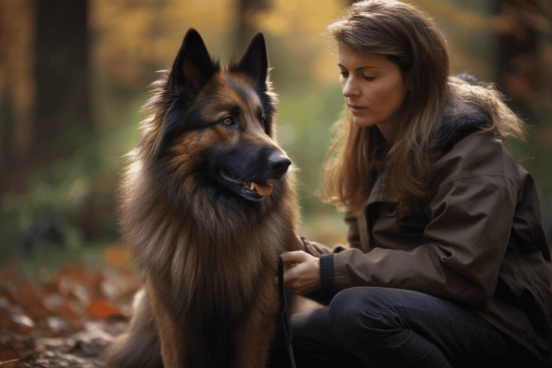 Beautiful dog with a woman outdoors in autumn setting.