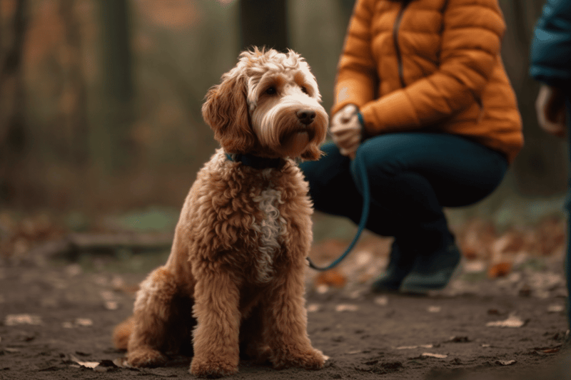 Dog sitting attentively outdoors in a wooded park, with owner nearby, during a fall hike.