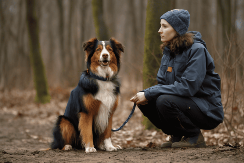 Dog and owner enjoying walk in woods, Australian Shepherd dog sitting patiently on trail, woman in outdoor jacket and beanie, natural lifestyle, pet companionship.
