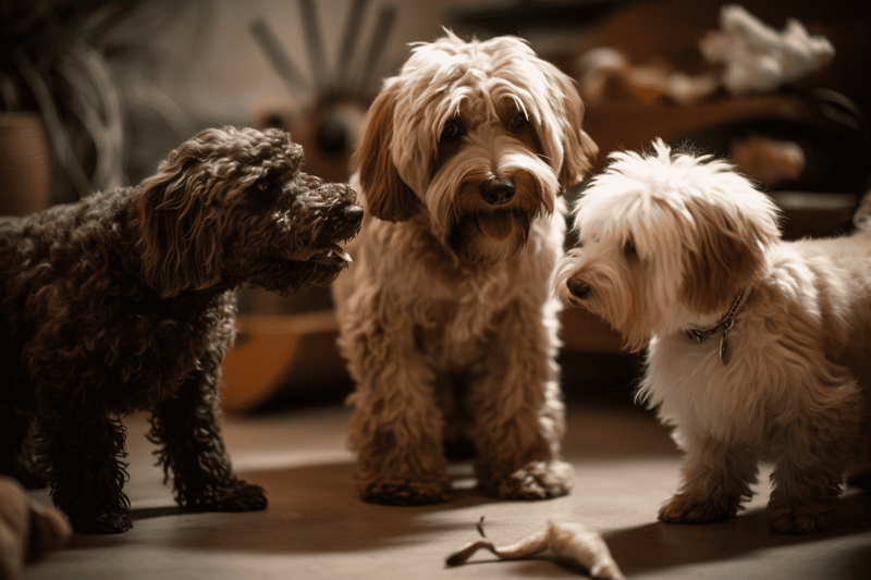 Adorable puppies engaging in playful interaction on a wooden floor, showcasing their fluffy coats.