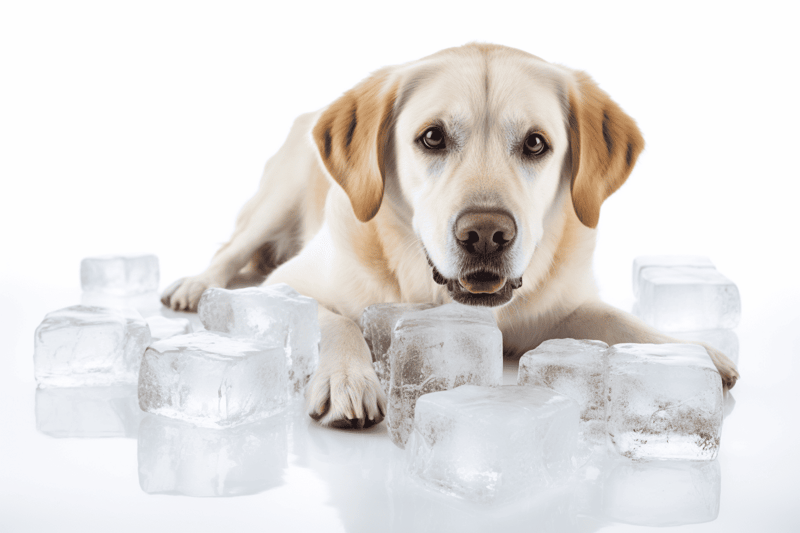 Labrador retriever lying on ice cubes, playful and cool dog. Perfect for pet care and dog health tips.