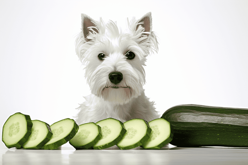 Cute dog with cucumber slices and whole cucumber, promoting healthy pet diet options.