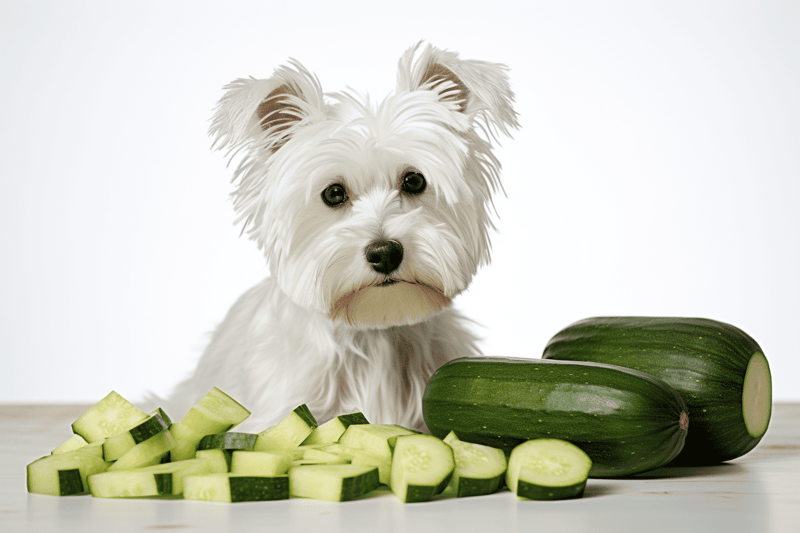 Dog with fresh cucumbers for healthy treats.