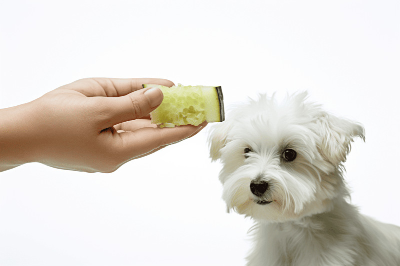Cute white dog enjoying cucumber snack.
