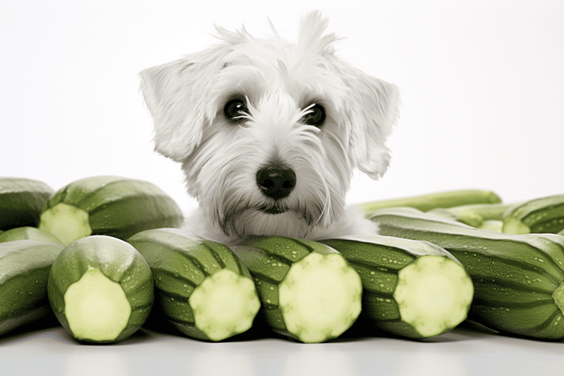 Dog with zucchini, promoting healthy pet snacks and vegetable-based treats for dogs.