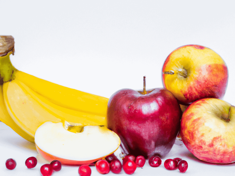 Bright image of ripe red apples, bananas, and cranberries, promoting healthy diet options for dogs.